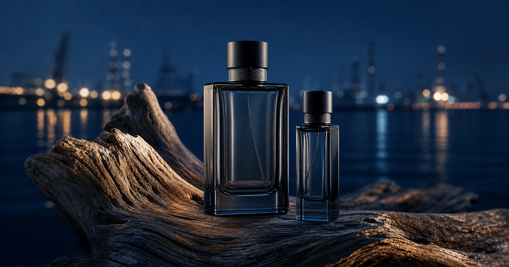 Two unbranded premium perfume bottles arranged on weathered driftwood by Hamburg harbour